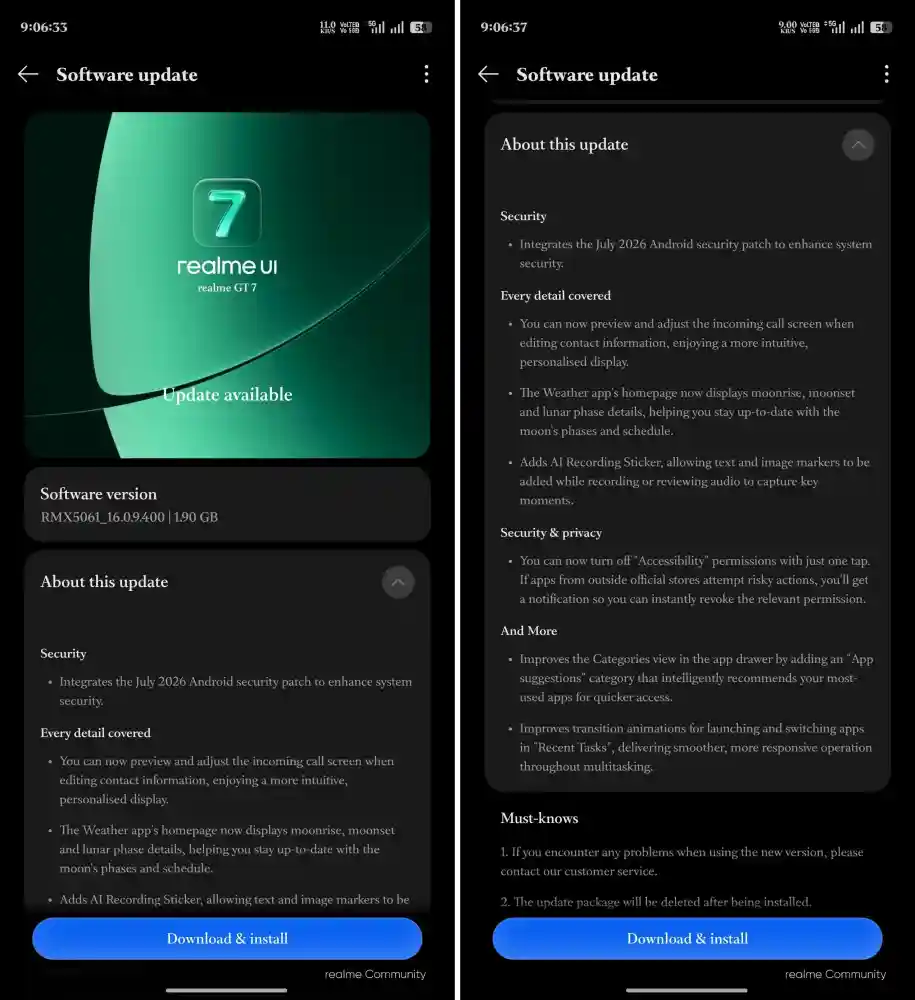 Realme GT7 July 2026 update screenshot